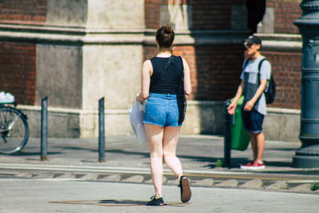 Budapest Hungary july 11, 2020 View of unidentified people rolling with a electric scooters in the streets of Budapestのeditorial素材
