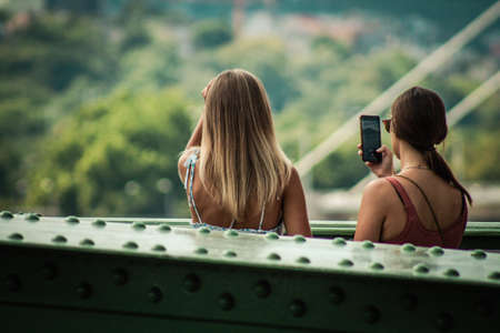 Budapest Hungary july 11, 2020 View of unidentified people with a bicycle in the historical streets of Budapest, the capital of Hungary and the ninth largest city in the European Union by populationのeditorial素材