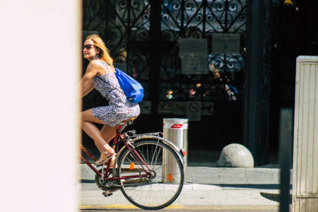 Budapest Hungary july 11, 2020 View of unidentified people with a bicycle in the historical streets of Budapest, the capital of Hungary and the ninth largest city in the European Union by populationのeditorial素材