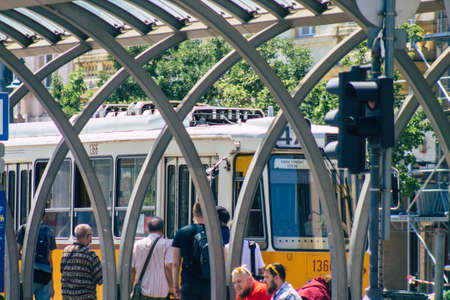Budapest Hungary july 11, 2020 View of unidentified people taking the electric tram, part of the public transport system of Budapest, the capital of Hungaryのeditorial素材