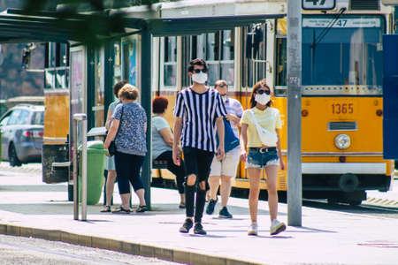 Budapest Hungary july 11, 2020 View of unidentified people taking the electric tram, part of the...