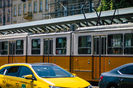 Budapest Hungary july 12, 2020 View of a traditional Hungarian electric tram for passengers driving...
