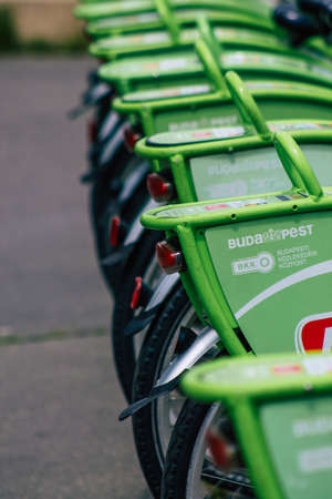Budapest Hungary july 13, 2020 View of accessible bicycle to hire for short periods of time, usually for a few hours parked in the street and part of the public transport system of Budapest in Hungaryのeditorial素材