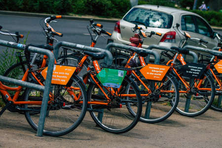 Budapest Hungary july 13, 2020 View of accessible bicycle to hire for short periods of time, usually for a few hours parked in the street and part of the public transport system of Budapest in Hungaryのeditorial素材