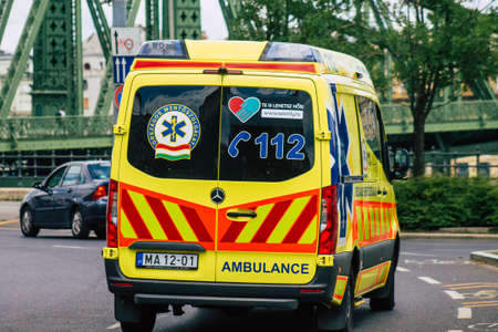Budapest Hungary july 13, 2020 View of a Hungarian ambulance driving through the streets of Budapest the capital and the most populous city of Hungaryのeditorial素材