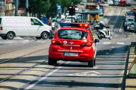 Budapest Hungary july 14, 2020 View of a traditional Hungarian fire car driving through the streets...