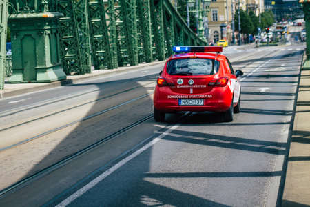 Budapest Hungary july 14, 2020 View of a traditional Hungarian fire car driving through the streets of Budapest the capital and the most populous city of Hungaryのeditorial素材