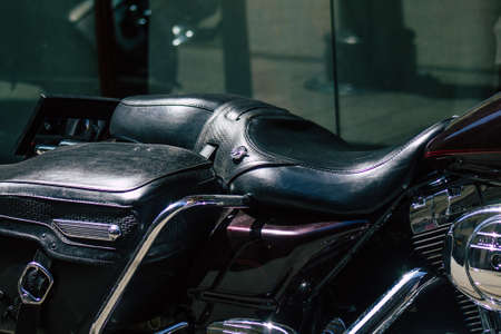 Budapest Hungary july 14, 2020 View of a Harley Davidson motorcycle parked in the streets of Budapest the capital and the most populous city of Hungaryのeditorial素材