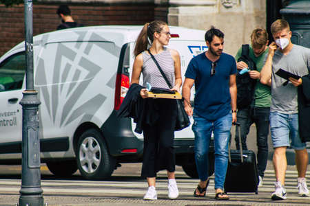 Budapest Hungary july 16, 2020 View of unidentified pedestrians walking in the historical streets of Budapest, the capital and the most populous city of Hungaryのeditorial素材