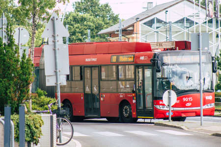 Budapest Hungary july 16, 2020 View of a traditional Hungarian red trolleybus for passengers driving through the streets and part of the public transport system of Budapest, the capital of Hungaryのeditorial素材