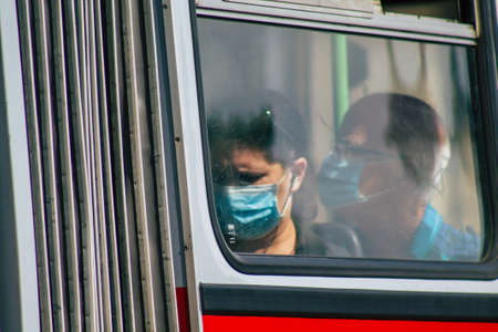 Budapest Hungary july 16, 2020 View of a traditional Hungarian red trolleybus for passengers driving through the streets and part of the public transport system of Budapest, the capital of Hungaryのeditorial素材