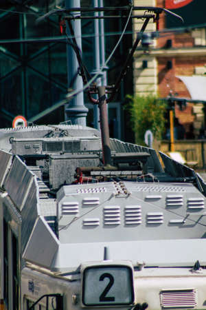 Budapest Hungary july 16, 2020 View of an old Hungarian electric tram for passengers driving through the streets and part of the public transport system of Budapest, the capital of Hungaryのeditorial素材