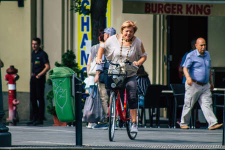 Budapest Hungary july 16, 2020 View of unidentified people rolling with a bicycle in the historical streets of Budapest, the capital of Hungary and the ninth largest city in the European Unionのeditorial素材
