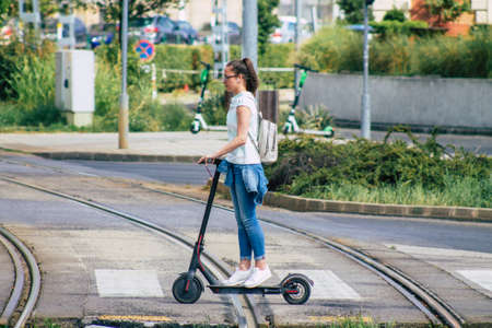 Budapest Hungary july 16, 2020 View of unidentified people rolling with a electric scooters in the streets of Budapest the capital and the most populous city of Hungaryのeditorial素材
