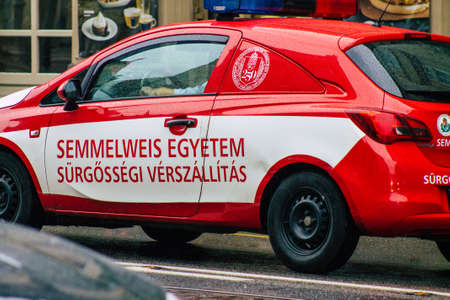 Budapest Hungary july 17, 2020 View of an ambulance from the Semmelweis University emergency blood...