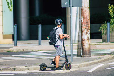 Budapest Hungary july 16, 2020 View of unidentified people rolling with a electric scooters in the streets of Budapest the capital and the most populous city of Hungaryのeditorial素材