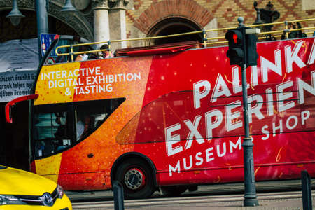 Budapest Hungary july 16, 2020 View of a Hungarian tourist bus for passengers driving through the...