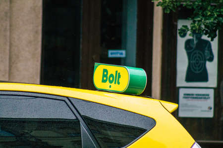 Budapest Hungary july 17, 2020 View of a traditional yellow Hungarian taxi for passengers driving through the streets of Budapest the capital of Hungaryのeditorial素材