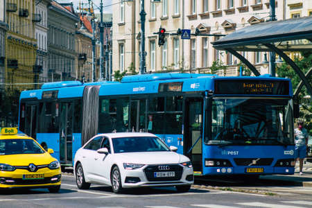 Budapest Hungary july 15, 2020 View of a traditional Hungarian public city bus for passengers...