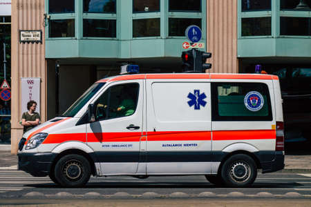 Budapest Hungary july 15, 2020 View of a traditional Hungarian ambulance driving through the streets of Budapest the capital and the most populous city of Hungaryのeditorial素材