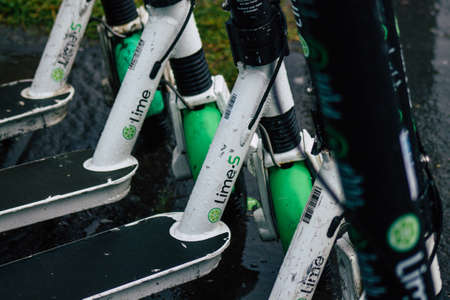 Budapest Hungary july 19, 2020 View of electric scooters to hire, operating with a small utility internal combustion engine and a large deck in the center parked in the streets of Budapestのeditorial素材