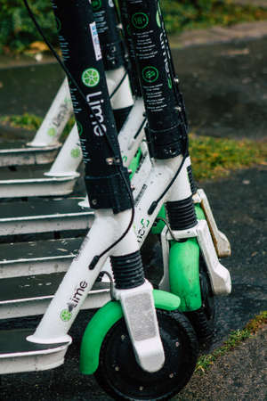 Budapest Hungary july 19, 2020 View of electric scooters to hire, operating with a small utility...