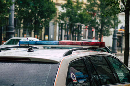 Budapest Hungary july 19, 2020 View of a Hungarian police car under the rain parked in the streets...