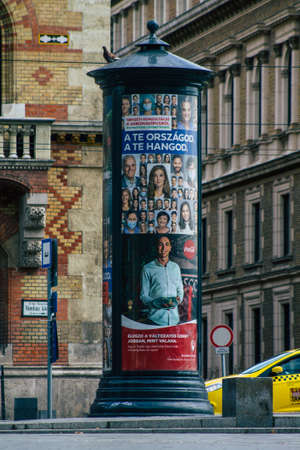 Budapest Hungary july 19, 2020 View of street sign or road sign, erected at the side of or above roads to give or provide information to road user in the downtown area of Budapest, capital of Hungaryのeditorial素材