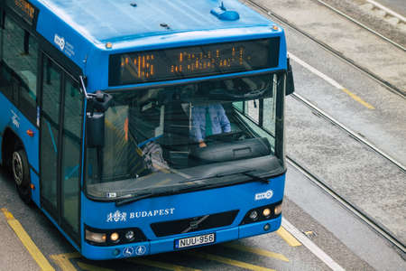 Budapest Hungary july 19, 2020 View of a traditional Hungarian city bus for passengers driving...