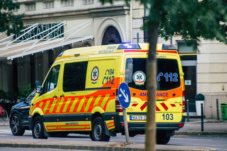 Budapest Hungary july 20, 2020 View of a traditional Hungarian ambulance driving through the streets...