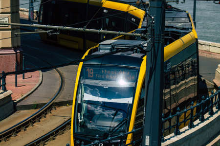 Budapest Hungary july 20, 2020 View of a new Hungarian electric tram for passengers driving through...