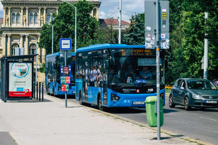 Budapest Hungary july 20, 2020 View of a traditional Hungarian city bus for passengers driving...