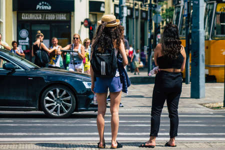 Budapest Hungary july 22, 2020 View of unidentified pedestrians walking in the old streets of Budapest the capital of Hungaryの写真素材