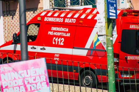 Lisbon Portugal july 24, 2020 View of a traditional ambulance rolling fast through the streets of Lisbon, the hilly coastal capital city of Portugal and one of the oldest cities in Europeの写真素材