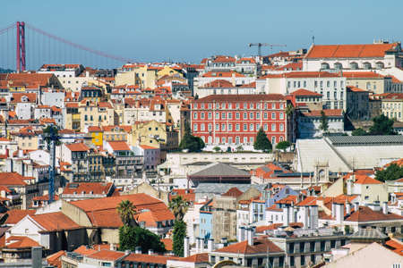Lisbon Portugal july 24, 2020 Panoramic view of ancient historical buildings in the downtown area of Lisbon, the hilly coastal capital city of Portugal and one of the oldest cities in Europeの写真素材
