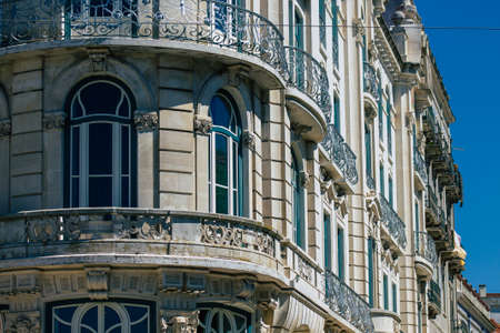 Lisbon Portugal july 25, 2020 View of classic facade of ancient historical buildings in the downtown area of Lisbon, the hilly coastal capital city of Portugal and one of the oldest cities in Europeの写真素材