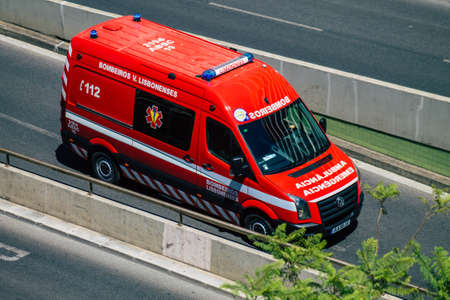 Lisbon Portugal july 25, 2020 View of a traditional ambulance rolling fast through the streets of...