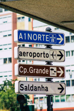 Lisbon Portugal july 25, 2020 View of street sign or road sign, erected at the side of or above roads to provide information to road user in the downtown area of Lisbon, capital city of Portugalの写真素材