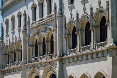 Lisbon Portugal july 26, 2020 View of classic facade of ancient historical buildings in the downtown...