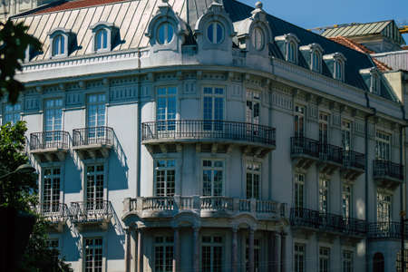 Lisbon Portugal july 26, 2020 View of classic facade of ancient historical buildings in the downtown area of Lisbon, the hilly coastal capital city of Portugal and one of the oldest cities in Europeの写真素材