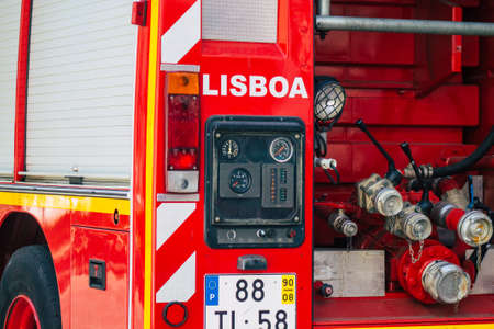 Lisbon Portugal july 26, 2020 View of a fire engine in the streets of Lisbon, the hilly coastal capital city of Portugal and one of the stunning oldest cities in Europeの写真素材