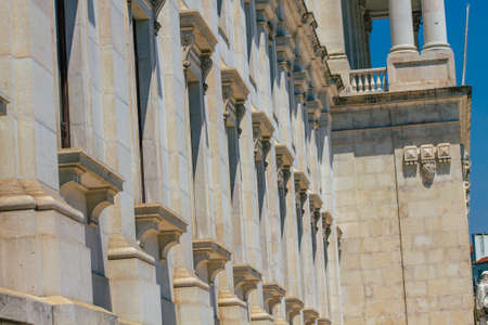 Lisbon Portugal july 26, 2020 View of classic facade of ancient historical buildings in the downtown...