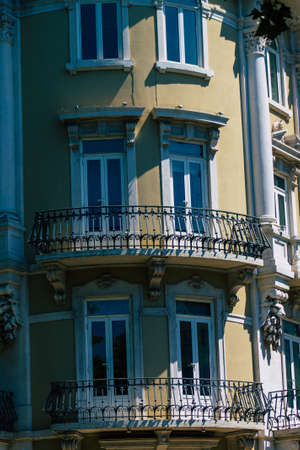 Lisbon Portugal july 26, 2020 View of classic facade of ancient historical buildings in the downtown area of Lisbon, the hilly coastal capital city of Portugal and one of the oldest cities in Europeの写真素材