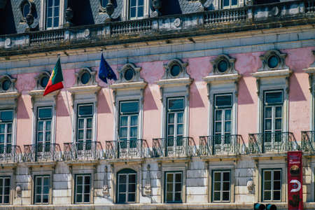 Lisbon Portugal july 26, 2020 View of classic facade of ancient historical buildings in the downtown area of Lisbon, the hilly coastal capital city of Portugal and one of the oldest cities in Europeの写真素材