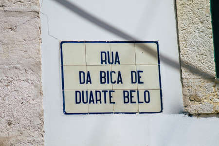 Lisbon Portugal july 26, 2020 View of a street or road name an identifying name given to a street, usually forms part of the address to further help identify them in the streets of Lisbonの写真素材