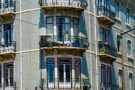 Lisbon Portugal july 26, 2020 View of classic facade of ancient historical buildings in the downtown...