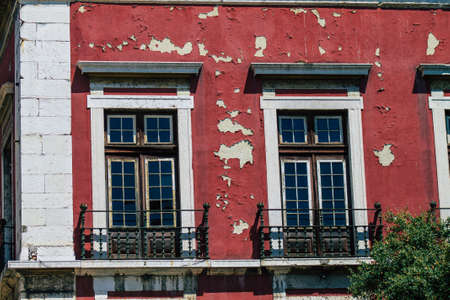 Lisbon Portugal july 26, 2020 View of classic facade of ancient historical buildings in the downtown...