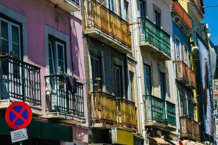 Lisbon Portugal july 26, 2020 View of classic facade of ancient historical buildings in the downtown...