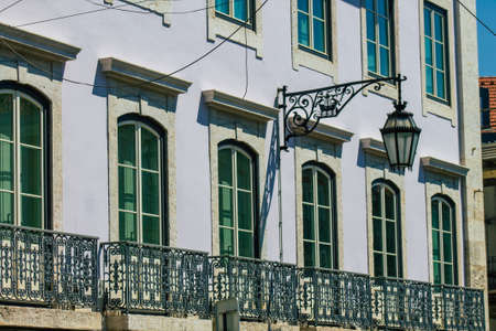 Lisbon Portugal july 26, 2020 View of classic facade of ancient historical buildings in the downtown...