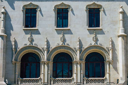 Lisbon Portugal july 26, 2020 View of classic facade of ancient historical buildings in the downtown area of Lisbon, the hilly coastal capital city of Portugal and one of the oldest cities in Europeの写真素材
